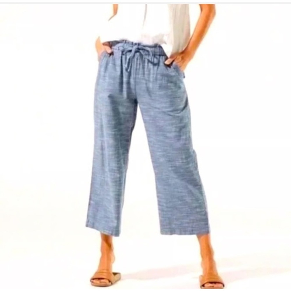 Pact Sunday Crop Wide Leg Pants Blue Chambray Organic Cotton Womens Large L